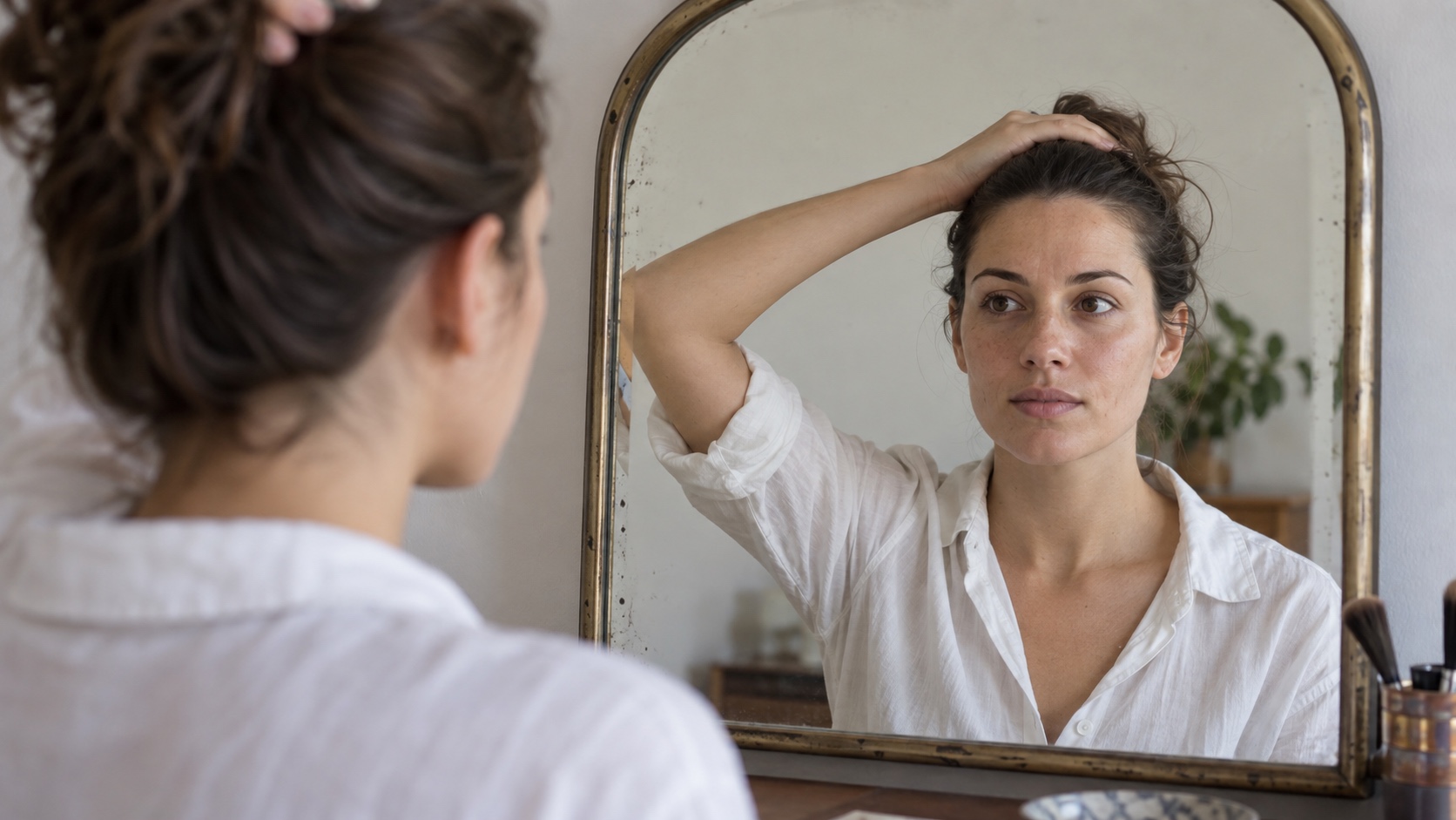 Person looking straight into a mirror with hair pulled back to see the forehead, cheekbones, and jawline.