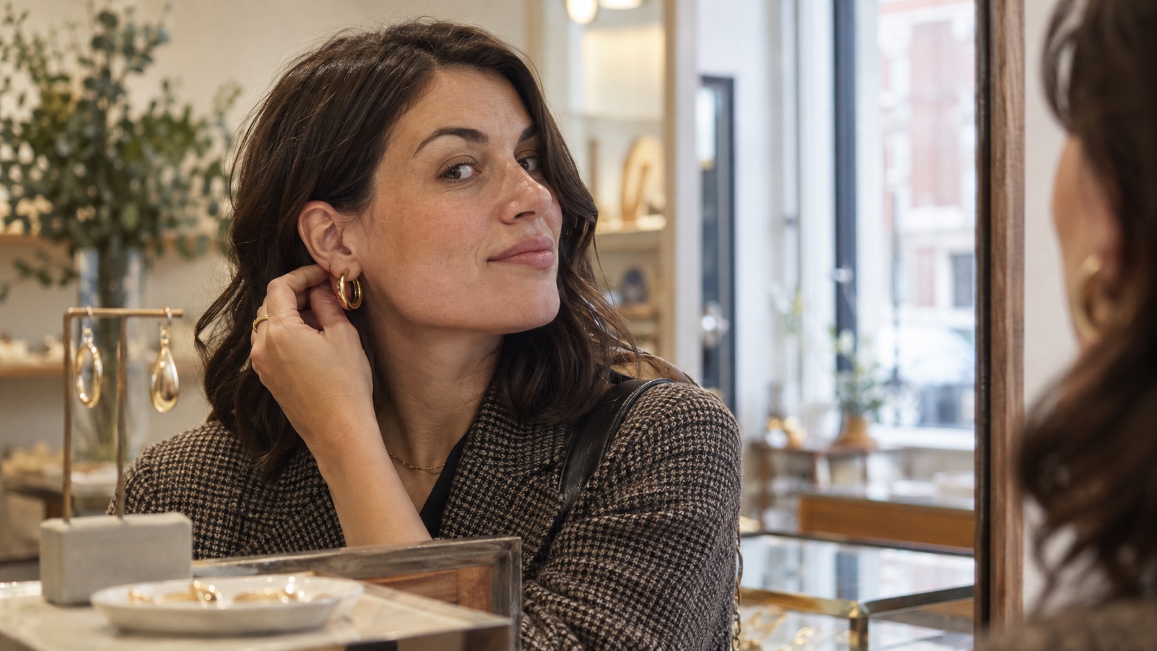 Person with an angular jaw trying a rounded gold hoop in a jewelry-shop mirror.