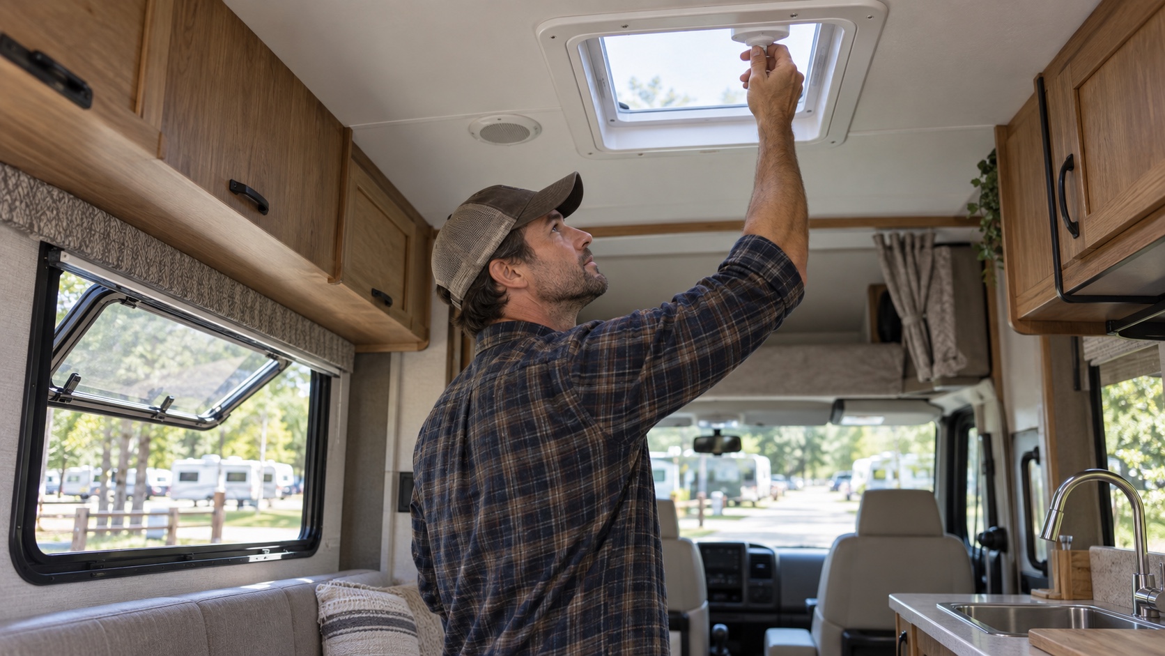A traveler closes and latches an RV roof vent from inside before a daylight departure.