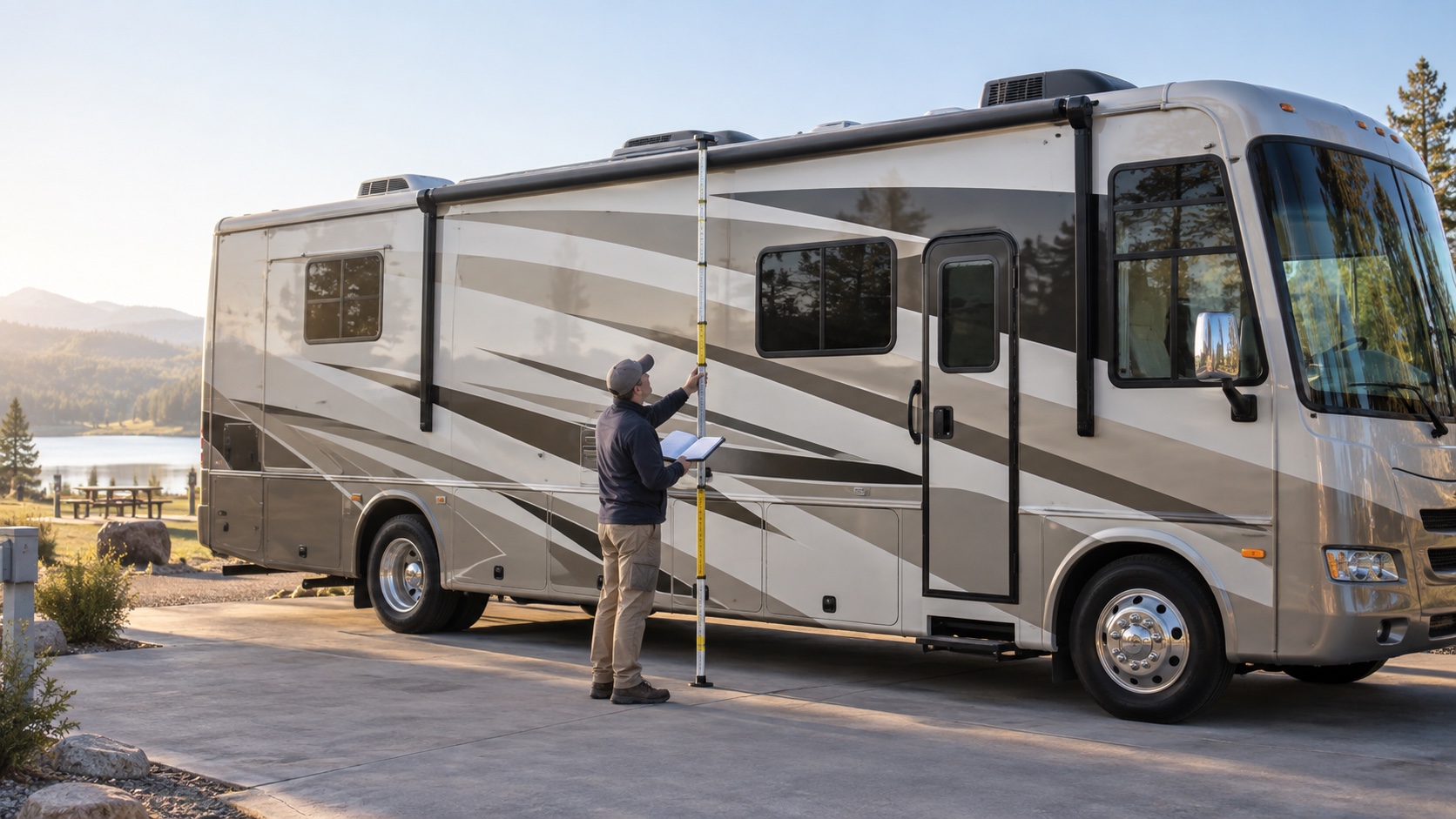 A traveler measures the full exterior height of a parked motorhome with a telescoping pole before departure.