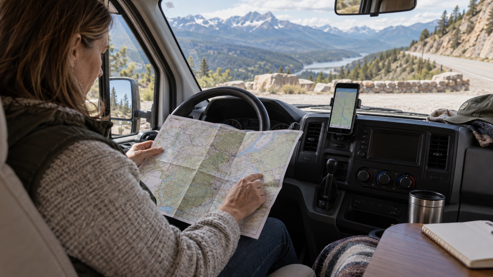 A parked RV traveler compares a paper road atlas with an offline phone map at a mountain turnout.