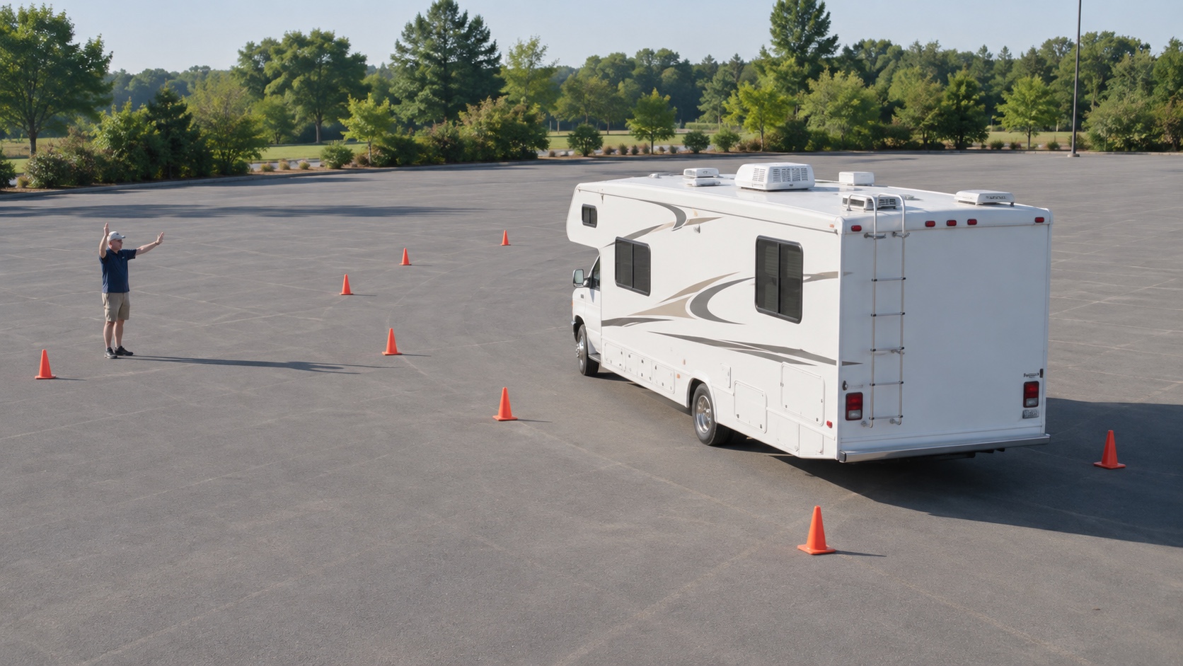 A novice driver practices slow RV turns around cones while a spotter watches from a safe distance.