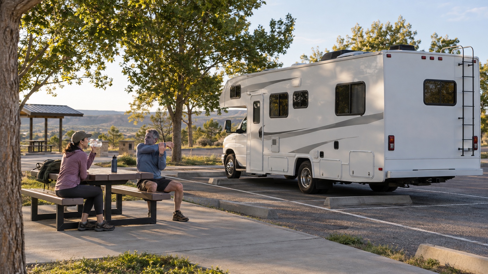 Two RV travelers pause safely at a designated rest area to drink water and stretch.