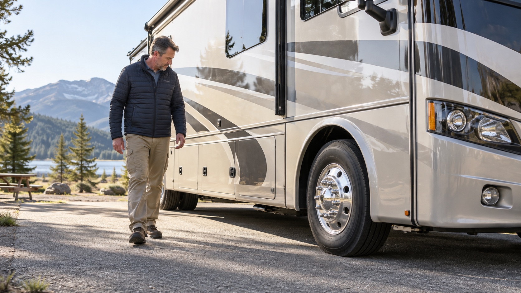 A traveler checks the wheel area and confirms the RV leveling equipment is fully retracted.