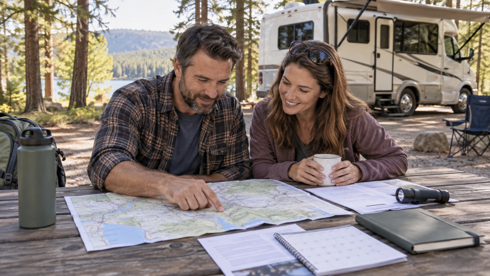 Two travelers review a map, reservation papers, calendar, and flashlight at an RV campsite table.