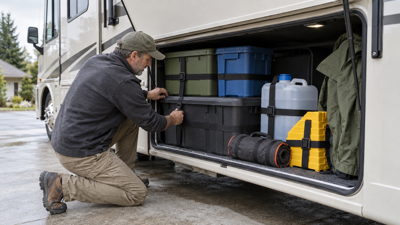 A traveler secures low-mounted storage bins, water, wheel chocks, and tools in an RV cargo bay.