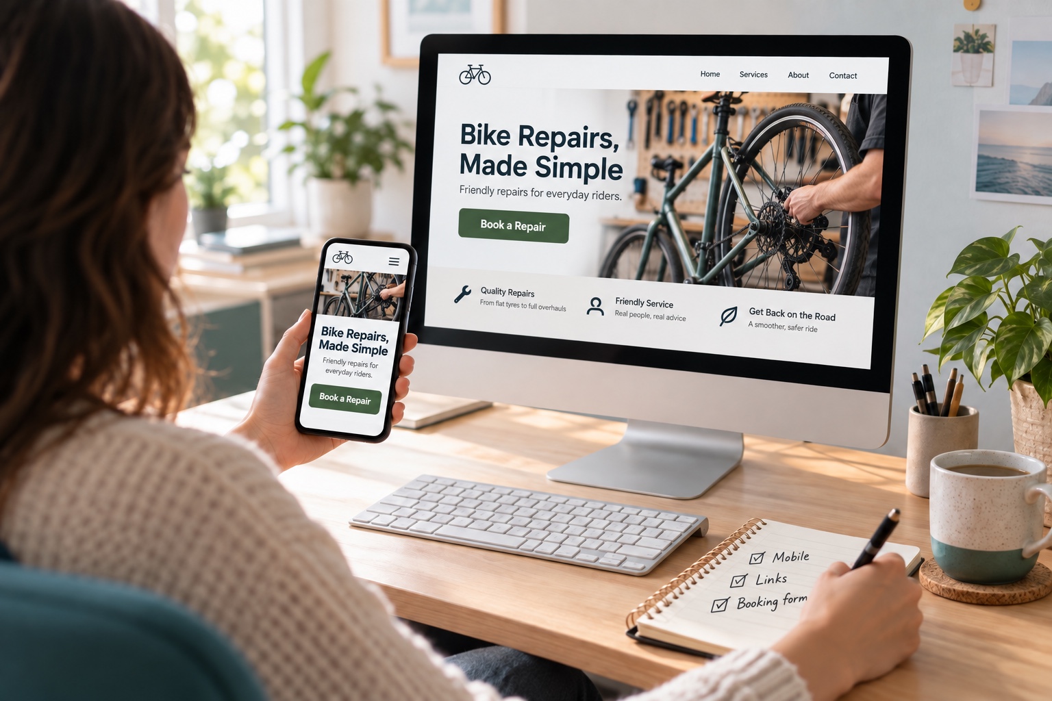 Person reviewing the same illustrative bike repair website on desktop and phone beside a written mobile and links checklist.