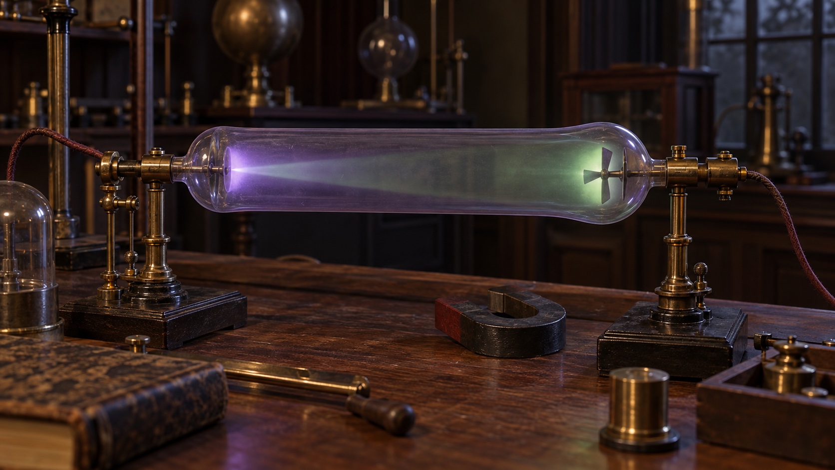 Editorial illustration of a glowing Crookes discharge tube and magnet on a late-nineteenth-century laboratory bench.