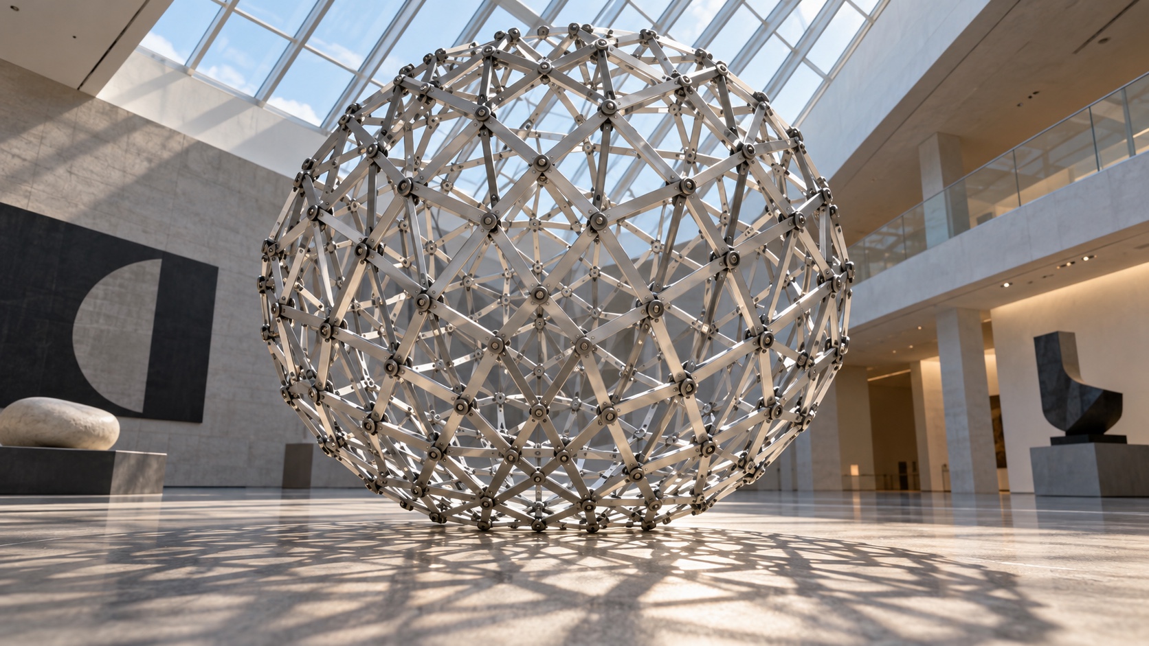 Editorial illustration of a large aluminum Hoberman sphere expanded beneath the skylight of a design museum.