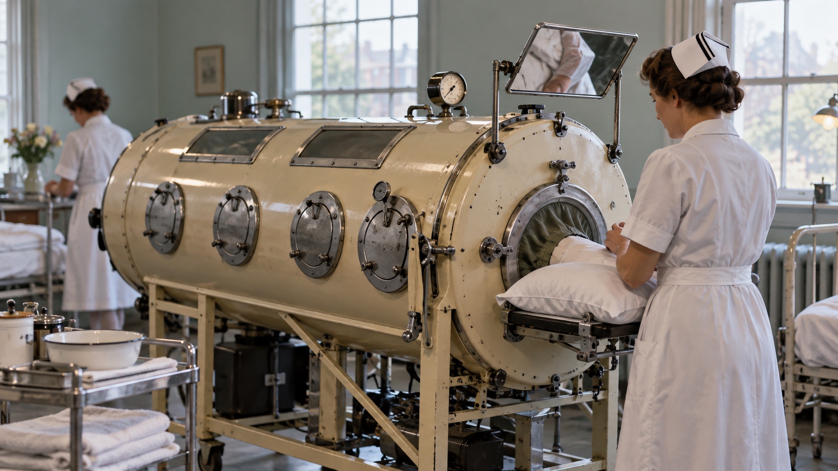 Editorial illustration of a period iron lung respirator attended by nurses in a quiet mid-century hospital ward.