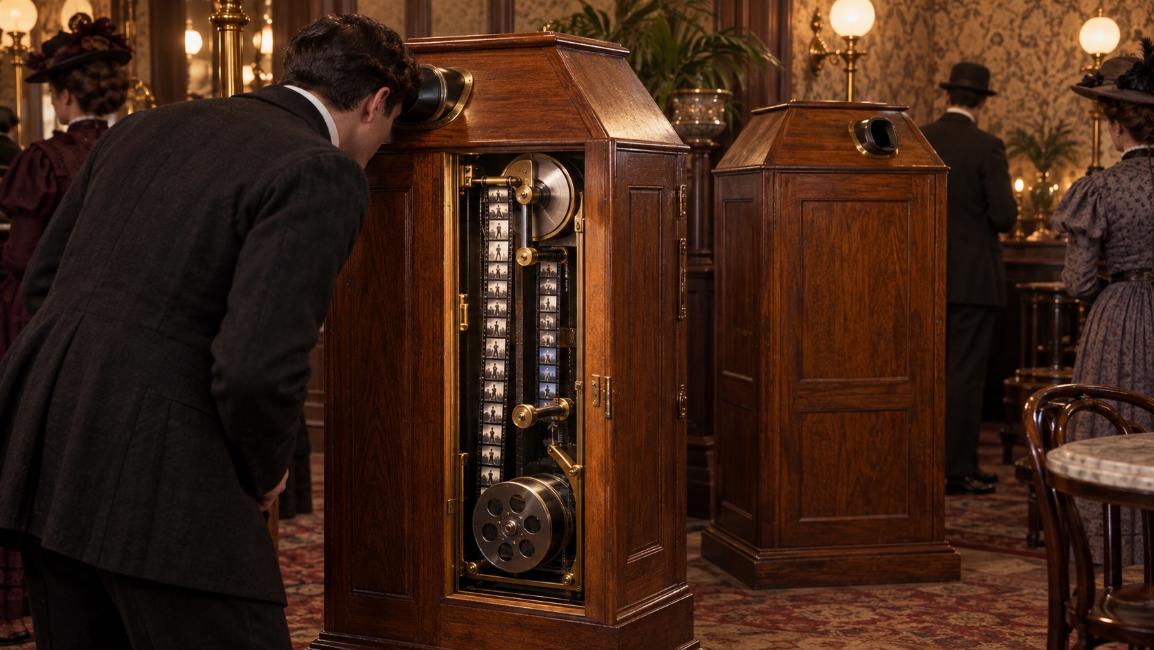 Editorial illustration of a wooden Kinetoscope cabinet opened to show its film loop and rollers in an 1890s parlor.
