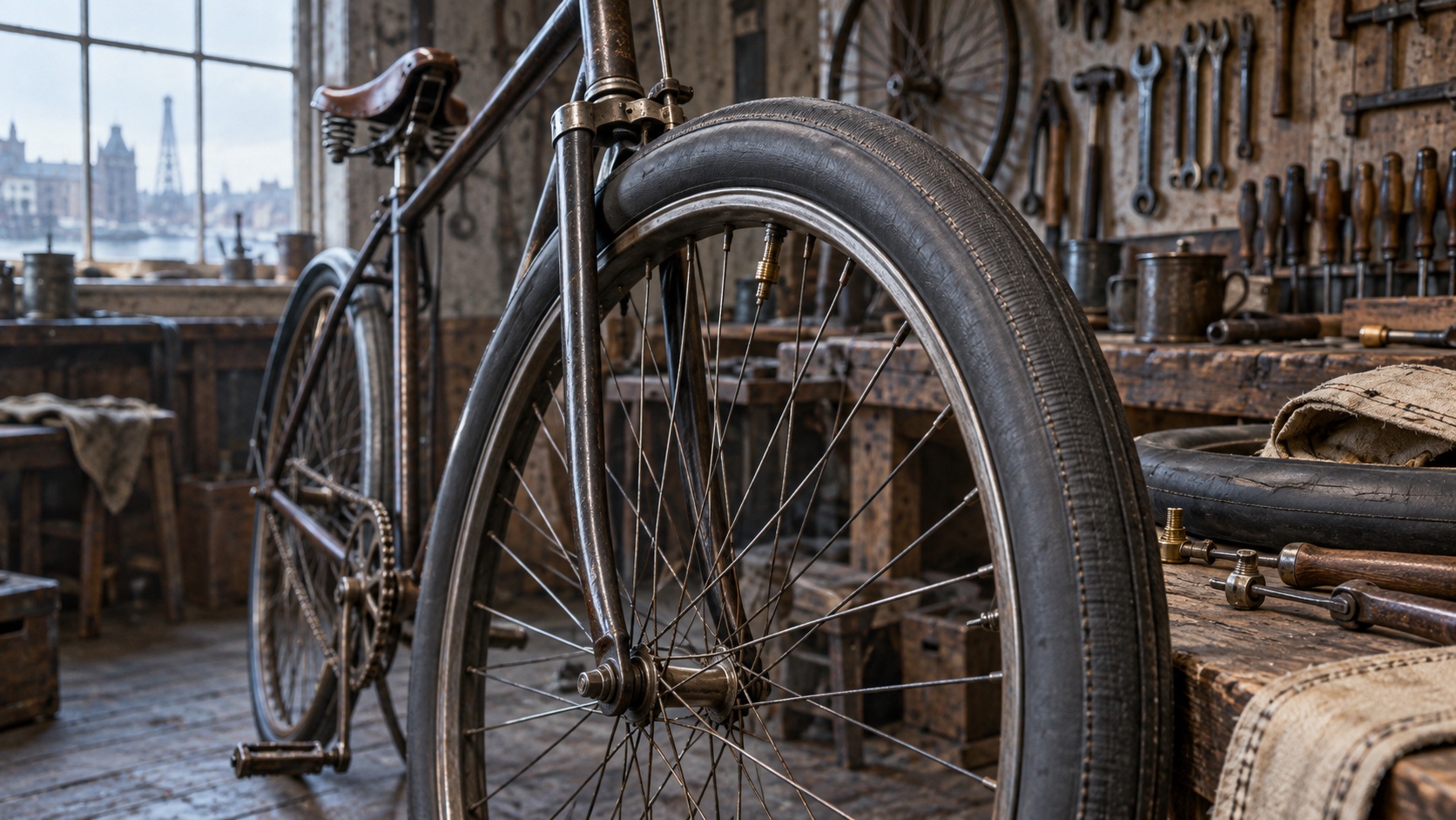Editorial illustration of an early safety bicycle fitted with a thick pneumatic tire in a cycle workshop.