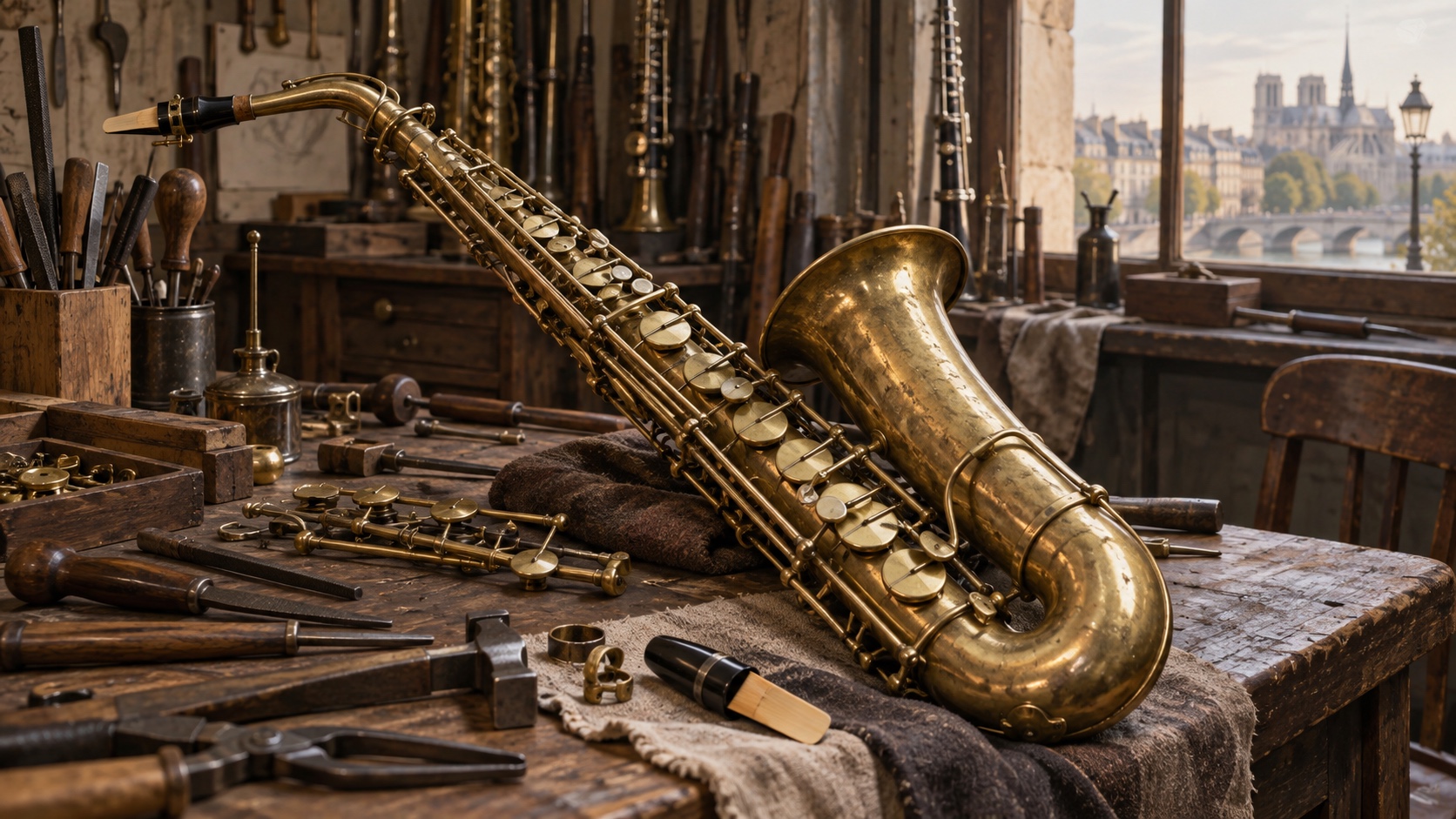 Editorial illustration of an early brass saxophone and reed mouthpiece on a nineteenth-century instrument maker's bench.