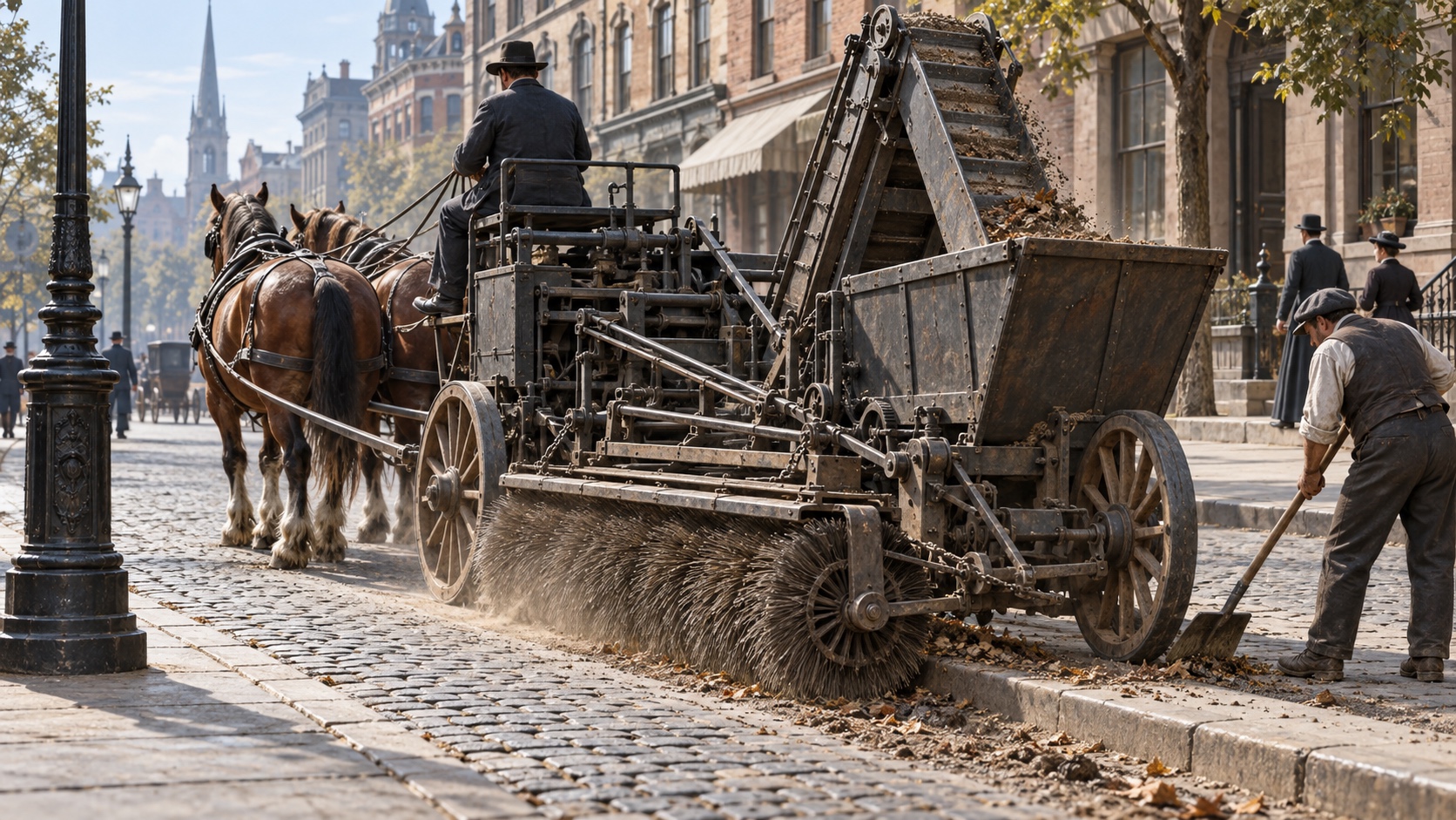 Editorial illustration of a horse-drawn rotary street sweeper clearing debris beside a nineteenth-century curb.