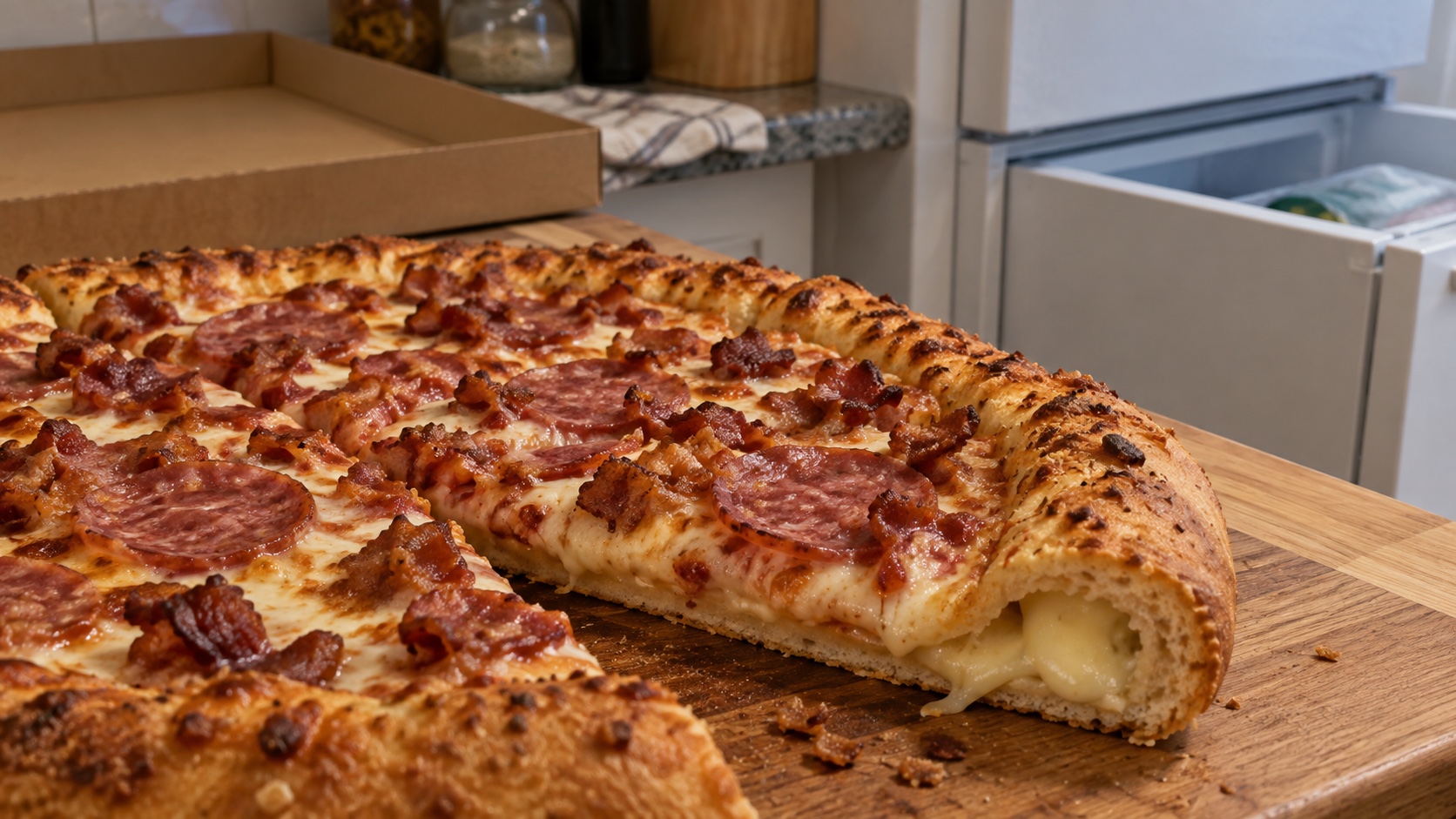 Generic bacon and salami pizza with a cut edge revealing cheese inside the thick crust.