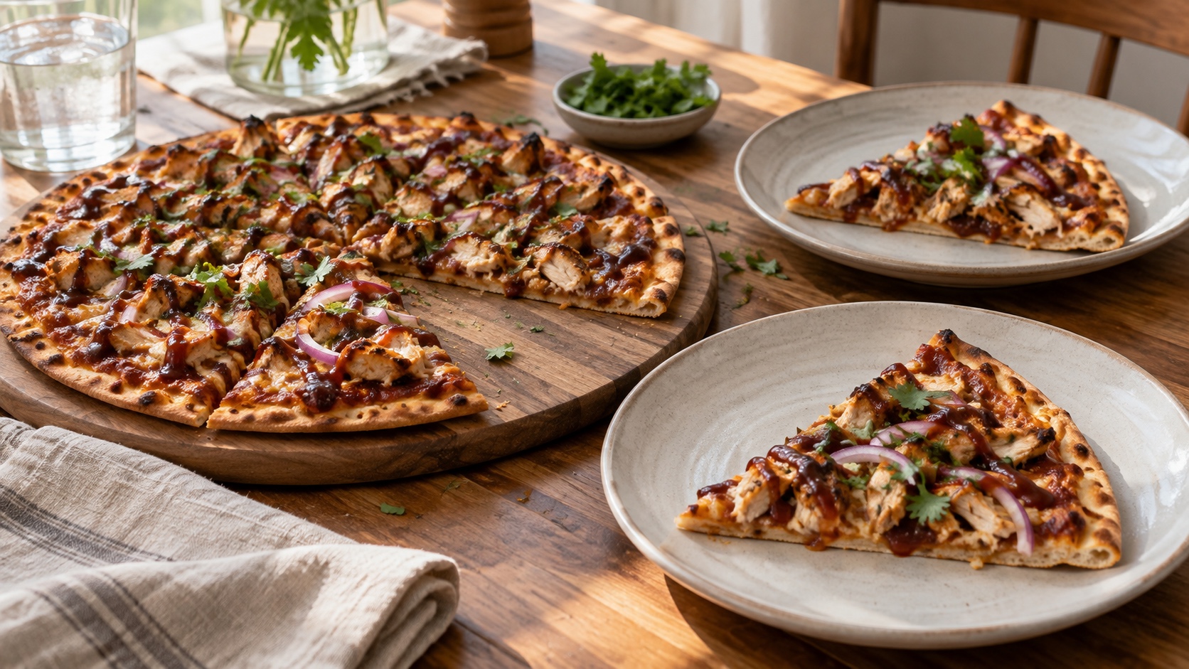 Thin barbecue chicken pizza with red onion and cilantro beside two modest plated slices.