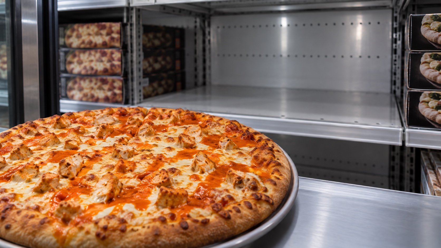 Generic buffalo chicken pizza in front of an empty, unmarked supermarket freezer shelf.