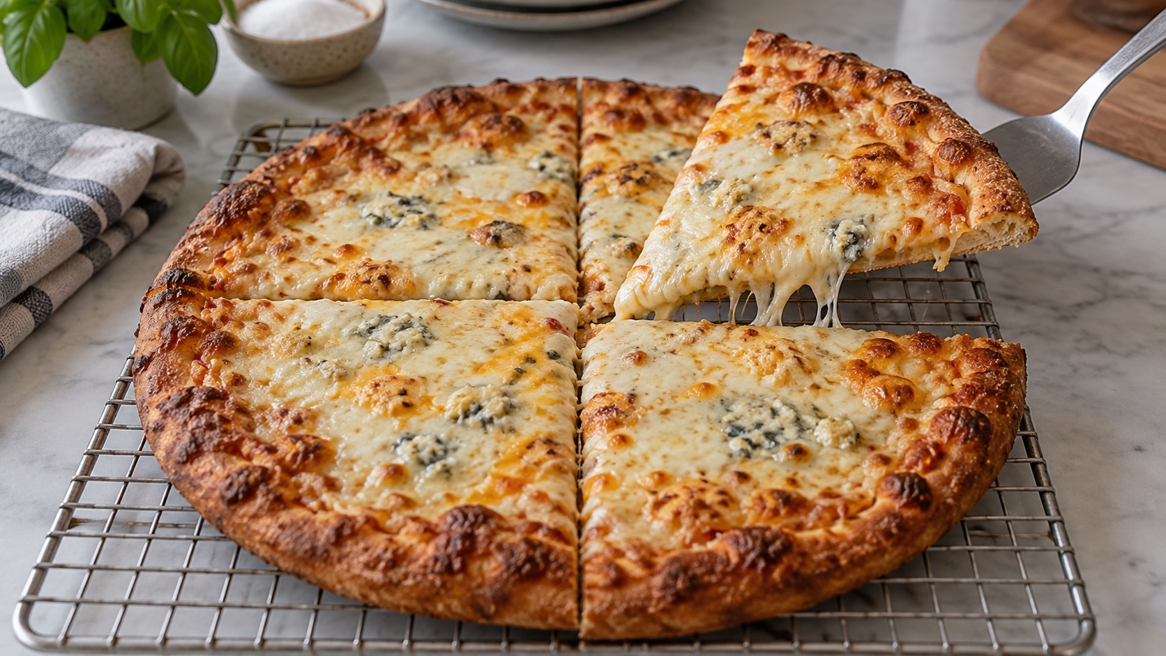Four-cheese pizza cut into equal quarters with one slice lifted from a cooling rack.