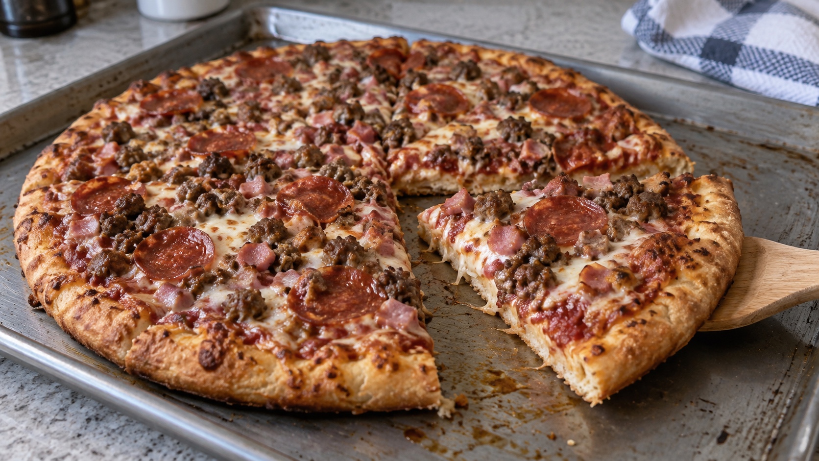 Generic four-meat pizza on a baking tray with one quarter separated on a wooden spatula.