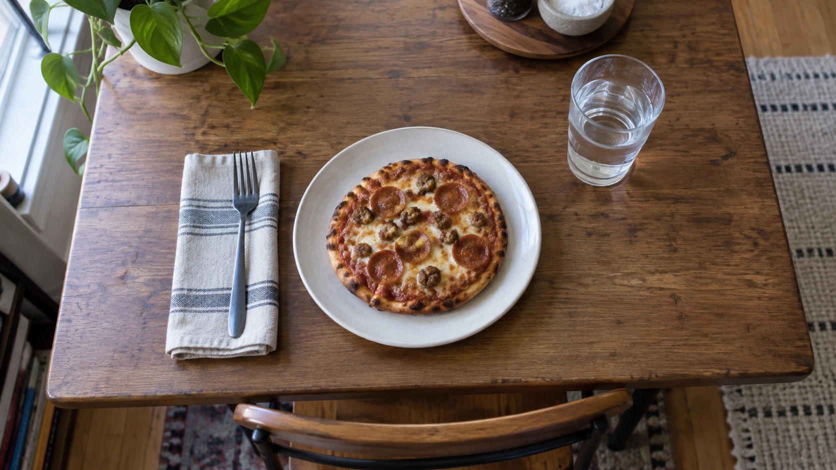Small sausage-and-pepperoni personal pizza on a single plate beside one place setting.