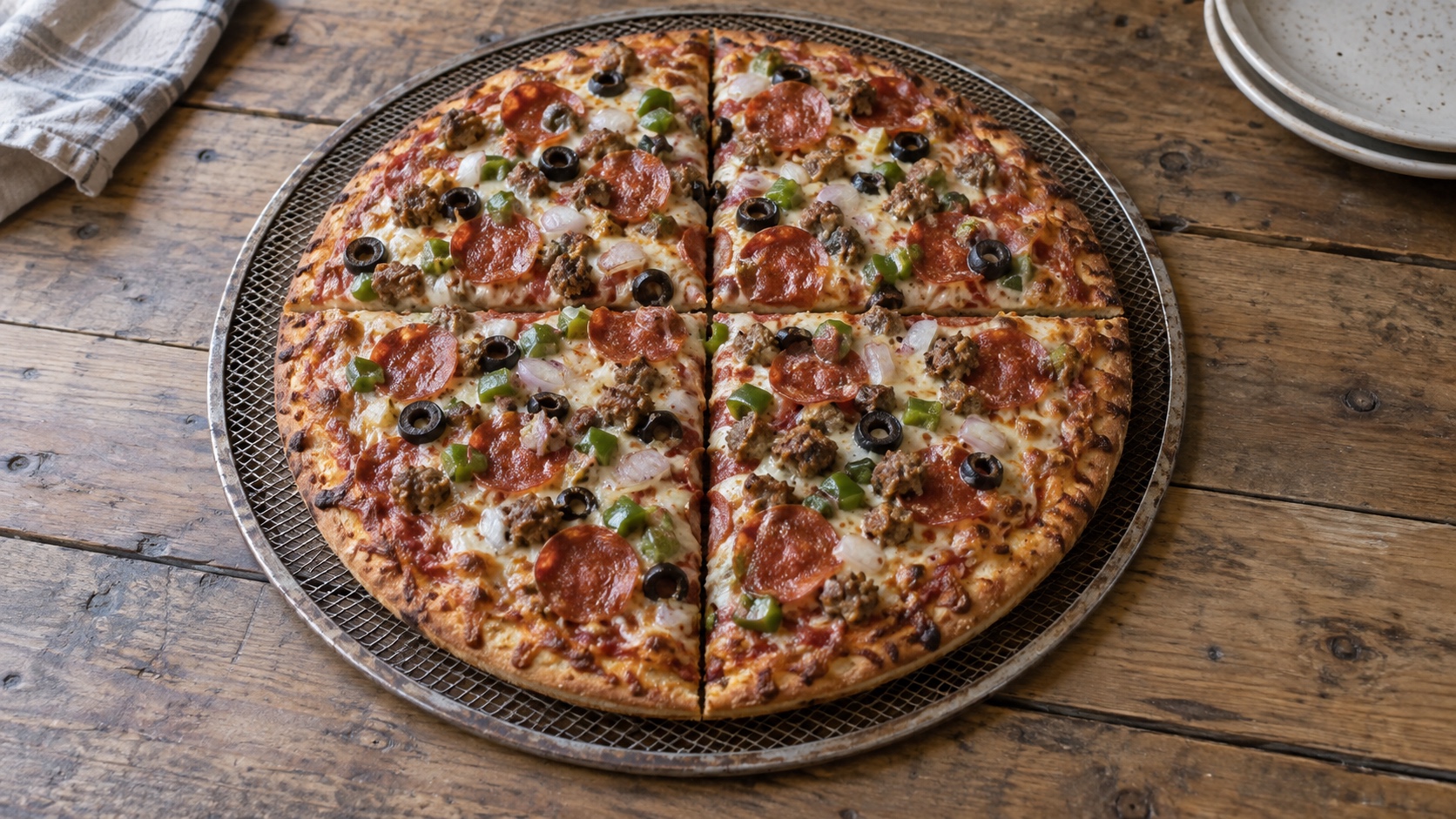 Supreme pizza with sausage, pepperoni, olives, peppers, and onions cut into four quarters.