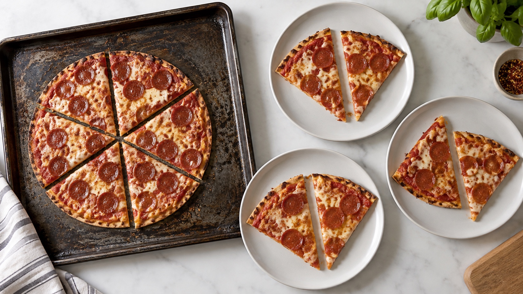 Thin pepperoni pizza divided across three plain plates to illustrate a three-serving package.