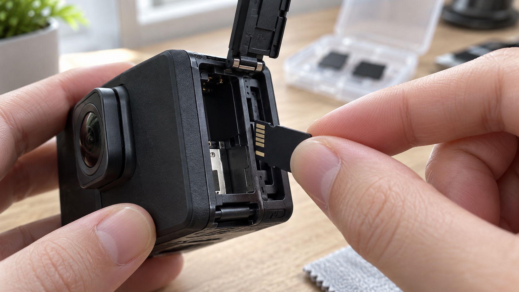 Fingertips aligning a blank microSD card with the open card slot of an unbranded action camera.