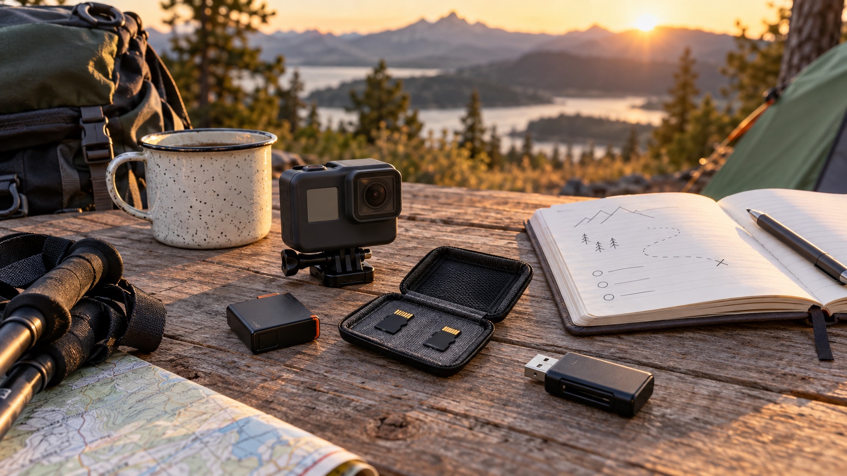 Action-camera day-trip kit with two blank microSD cards, a reader, spare battery, map, and planning notebook.