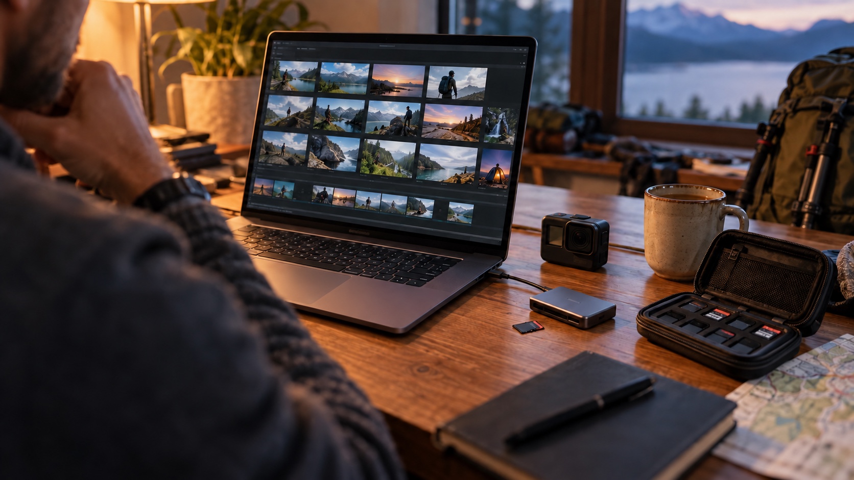 Video editor reviewing outdoor footage beside an action camera, card reader, and protected memory cards.