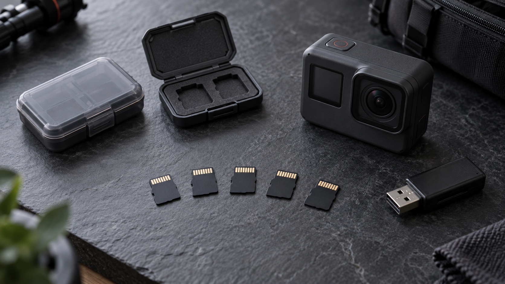 Five blank microSD cards arranged beside an unbranded action camera, card cases, and a reader.
