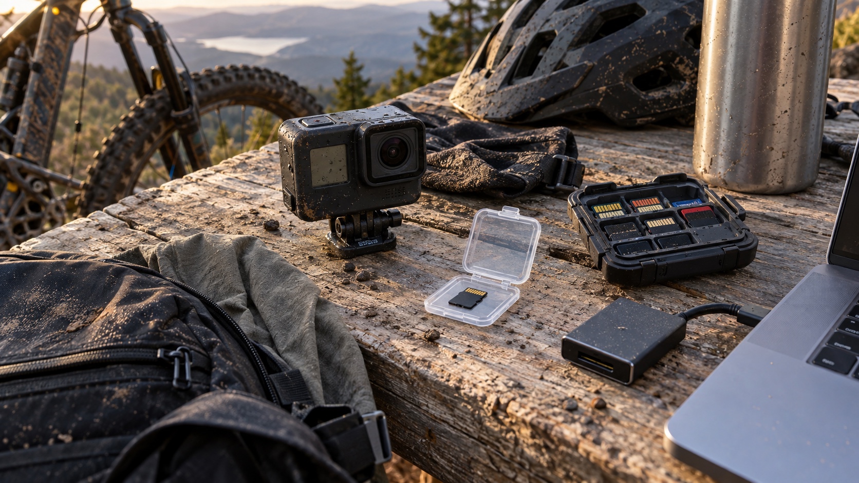 Action camera, protected memory cards, card reader, and trail gear on a dusty outdoor worktable.