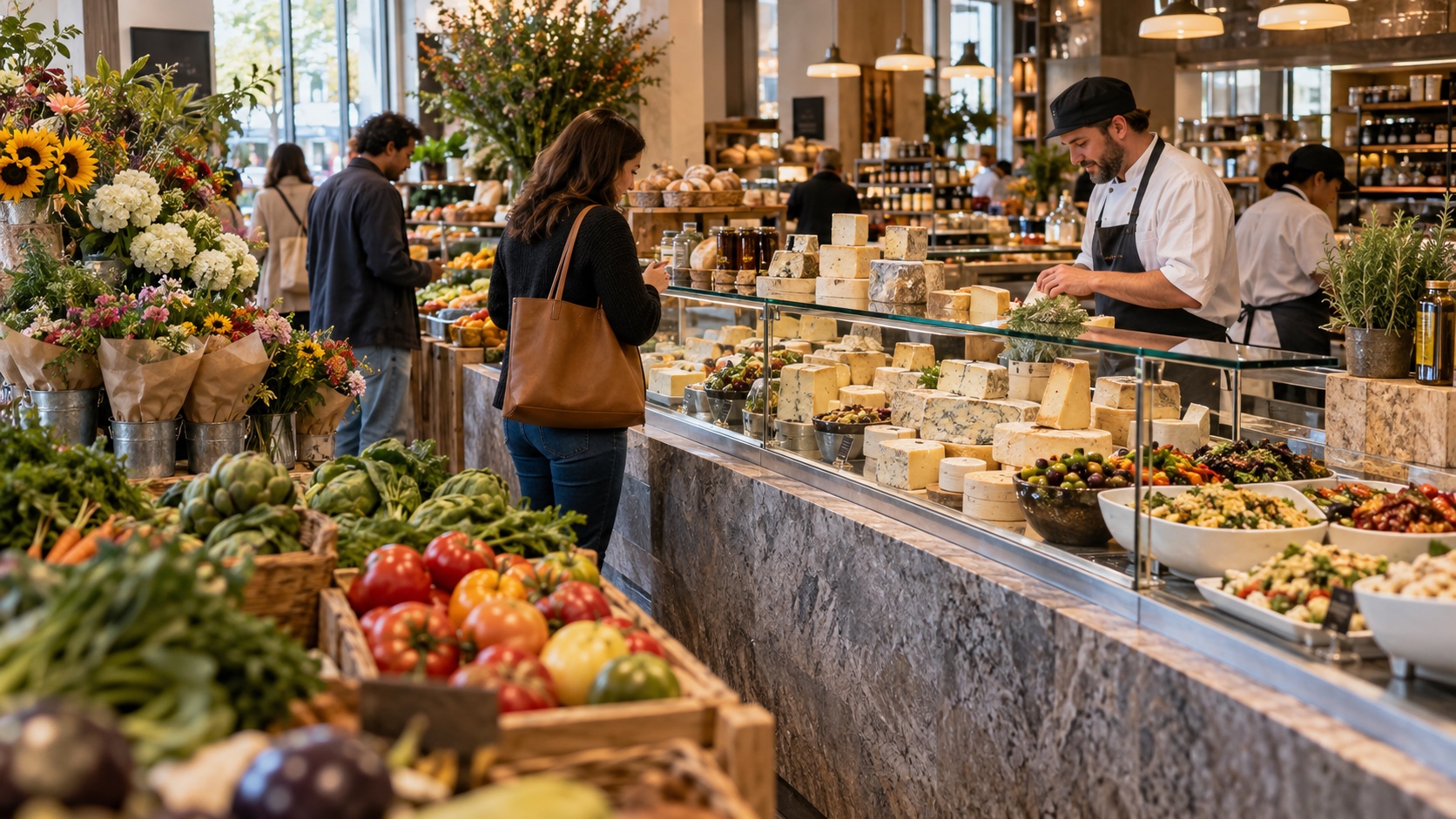 Unbranded upscale food market with staffed cheese counter, prepared foods, flowers, and fresh produce.
