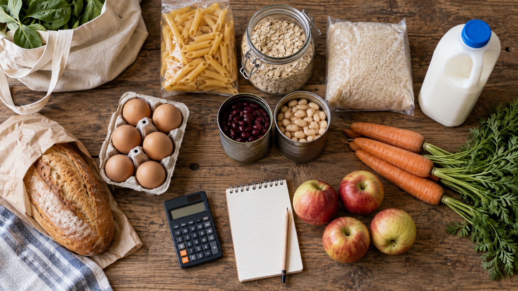 Budget grocery staples arranged with a calculator and blank notepad for a unit-price comparison.