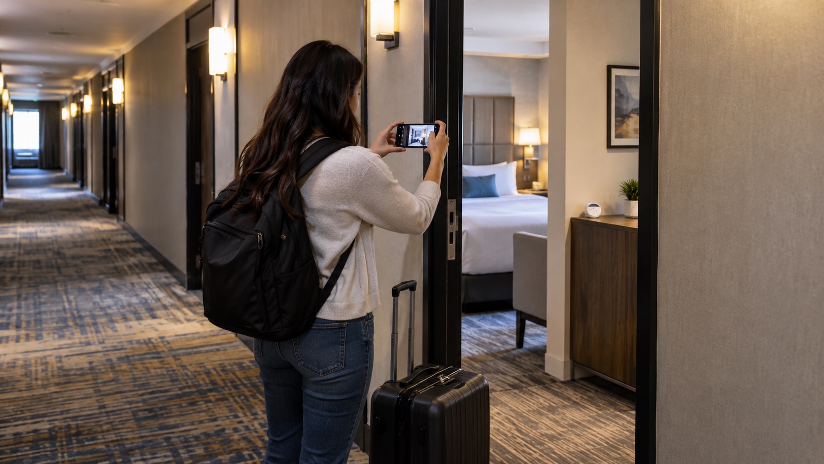 Traveler standing in a hotel hallway documenting the wider room scene before reporting a suspicious device.