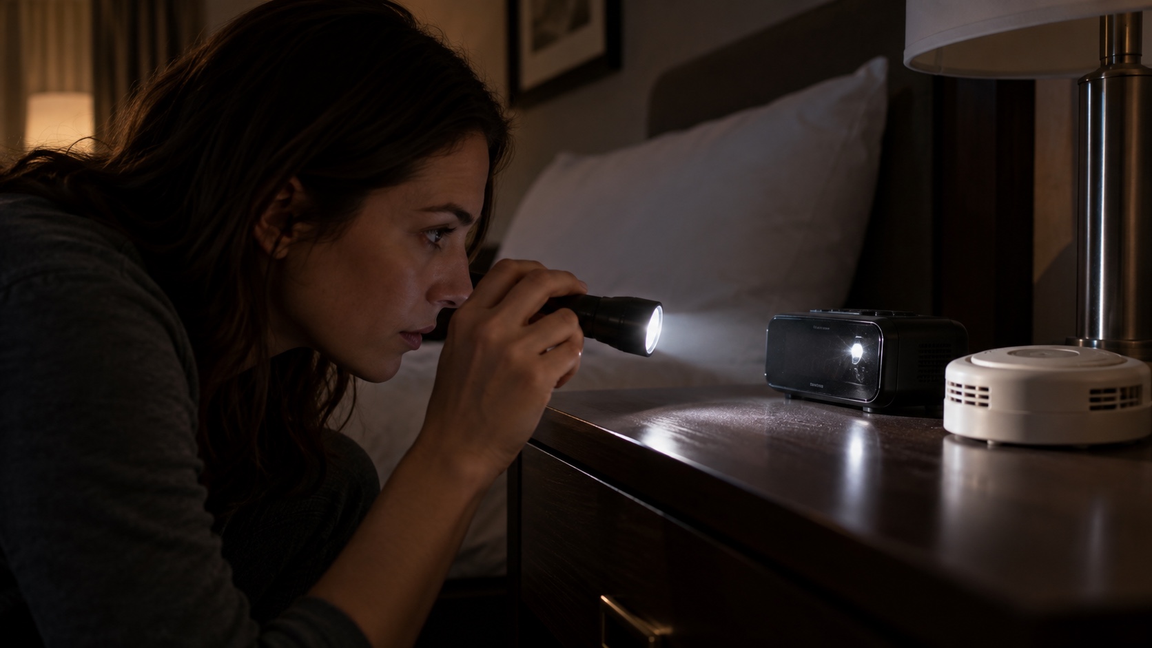 Traveler holding a flashlight near eye level to check a bedside clock for a reflected lens glint.