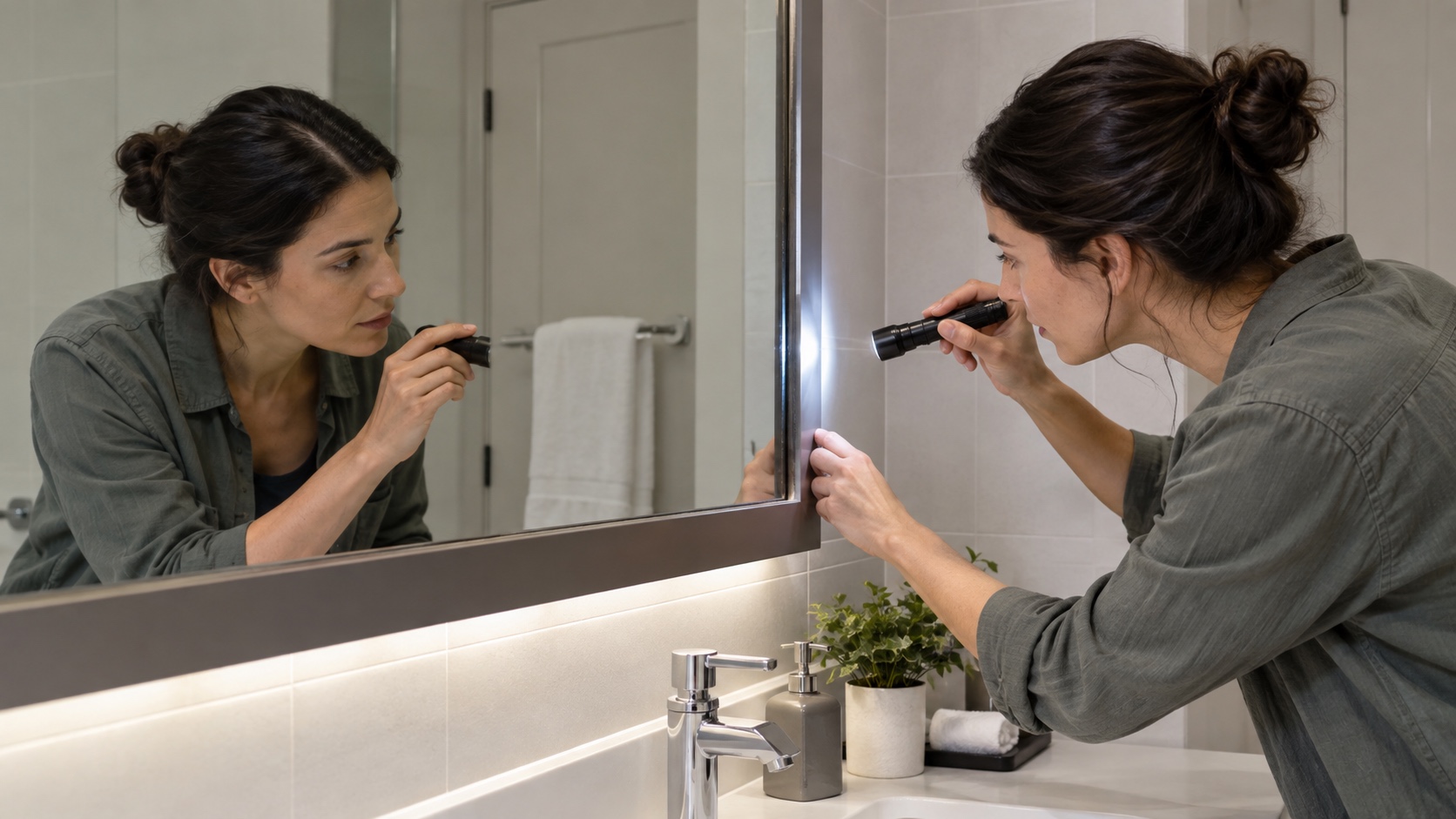 Traveler using a flashlight to inspect the frame, seams, and mounting of a hotel bathroom mirror.