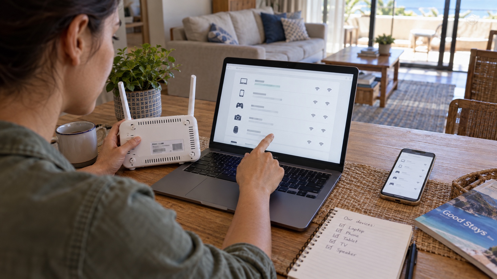 Traveler comparing an authorized rental router with a generic list of connected network devices.