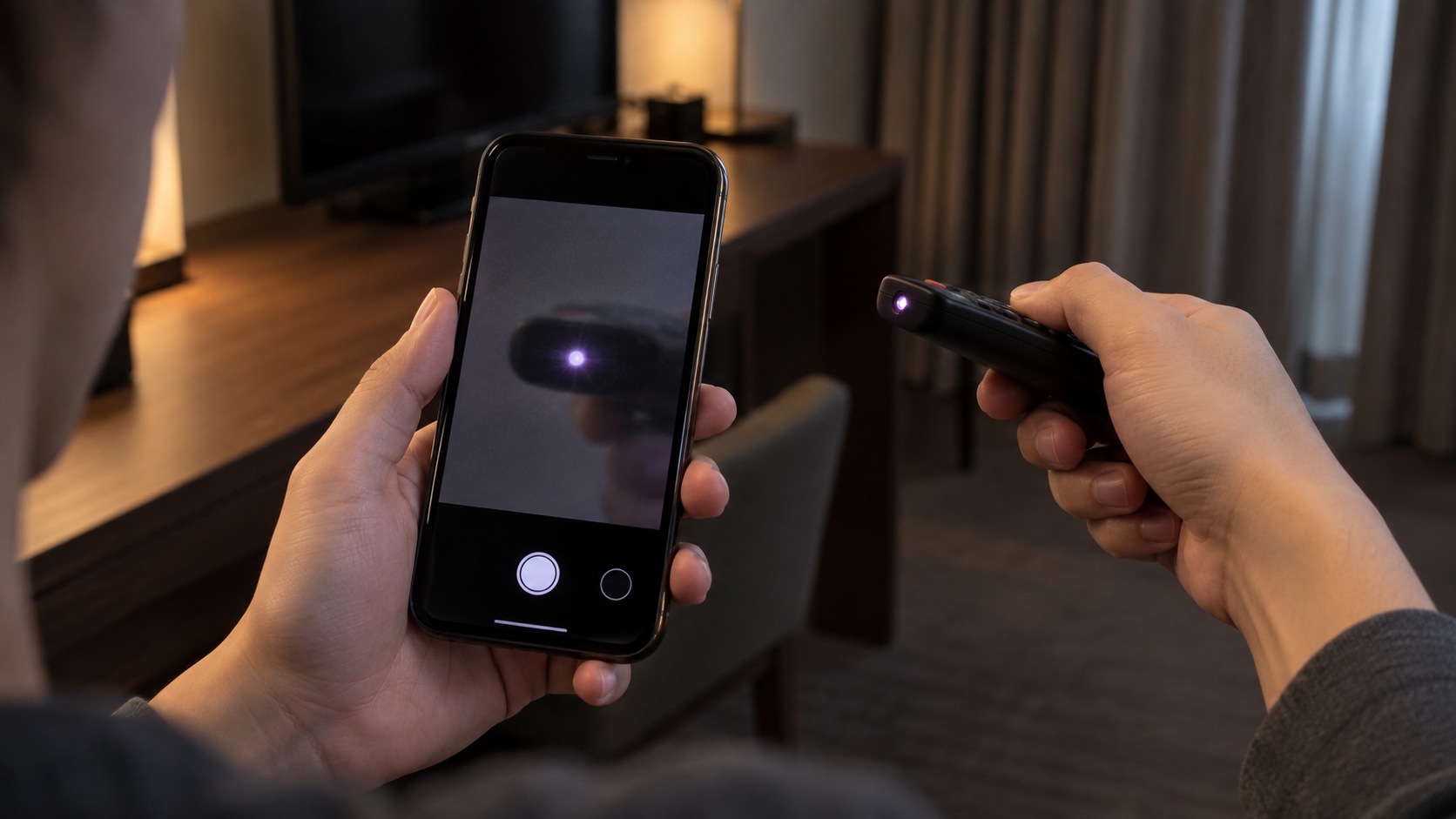 Phone camera displaying the infrared emitter of a television remote as a small violet-white light.