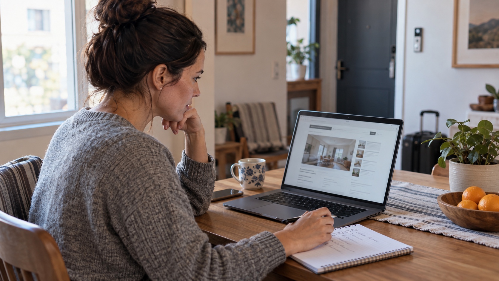 Traveler comparing a vacation-rental listing on a laptop with a handwritten room checklist.