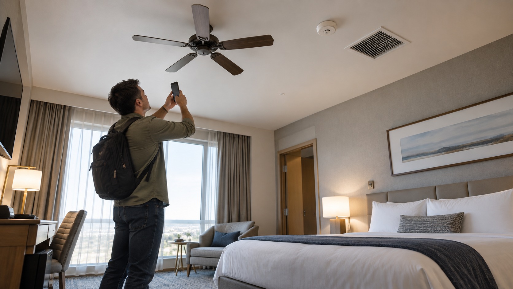Traveler using phone zoom from the floor to inspect a hotel ceiling fan, vent, and smoke detector.