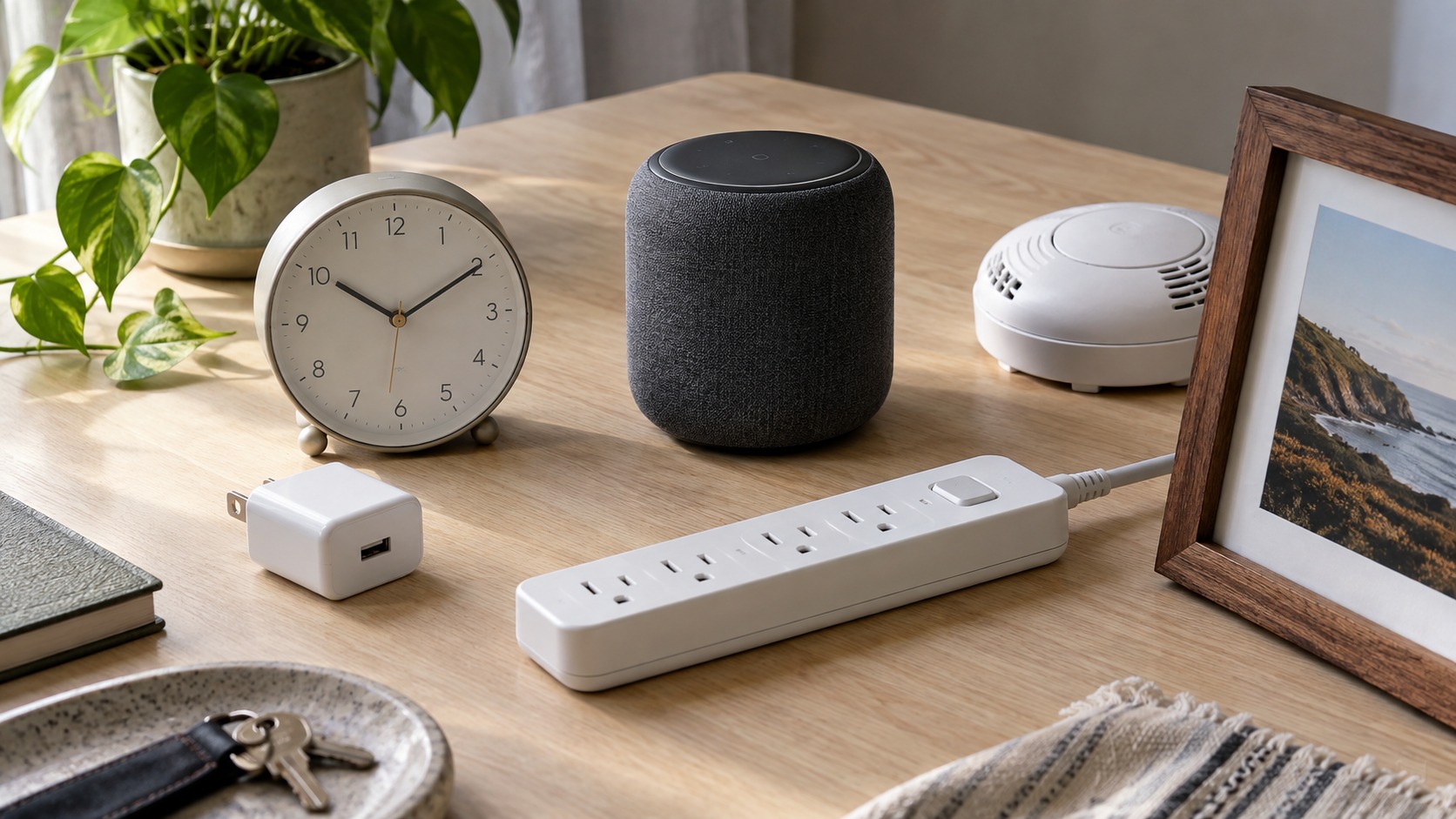 Unbranded clock, charger, speaker, power strip, smoke-alarm-style fixture, and frame arranged for visual comparison.