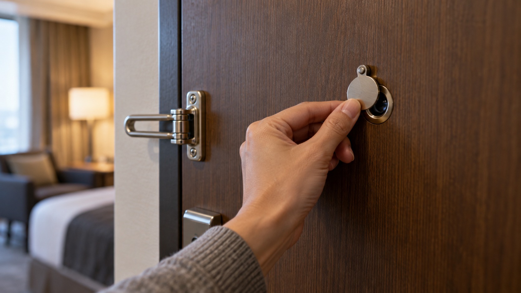 Hand closing the opaque privacy cover over the peephole on the inside of a hotel door.