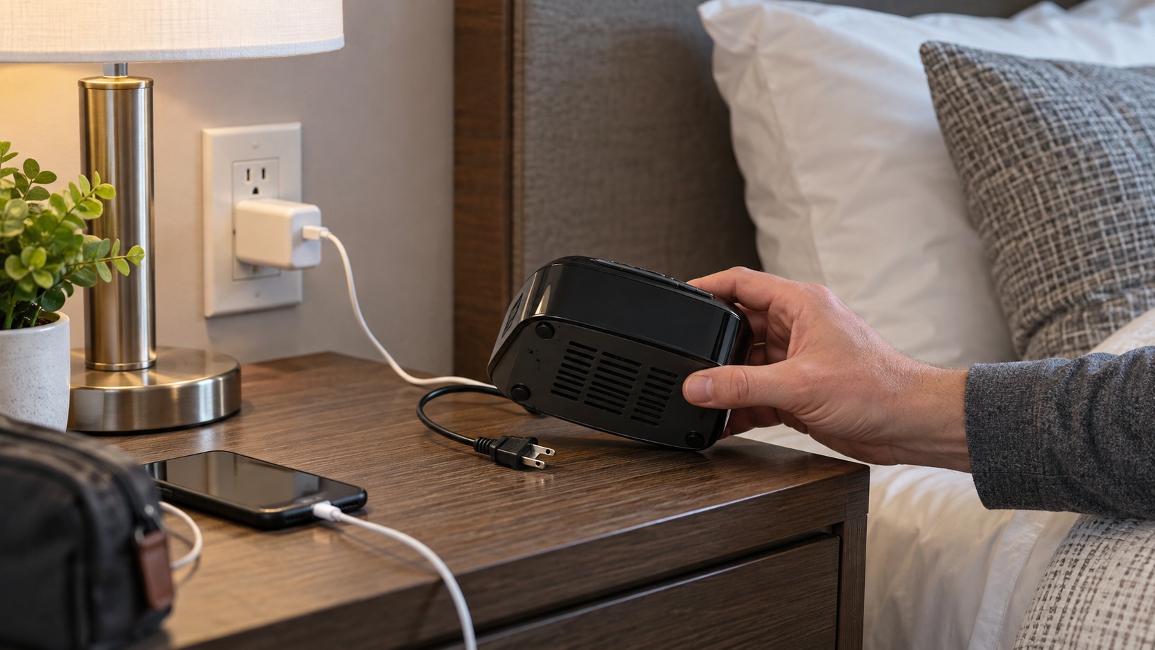 Traveler inspecting the casing of an unplugged hotel alarm clock beside a lamp and USB charger.