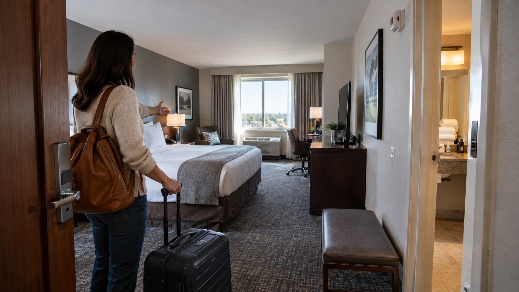Traveler viewing a hotel bedroom and bathroom sightlines from the doorway with luggage still closed.