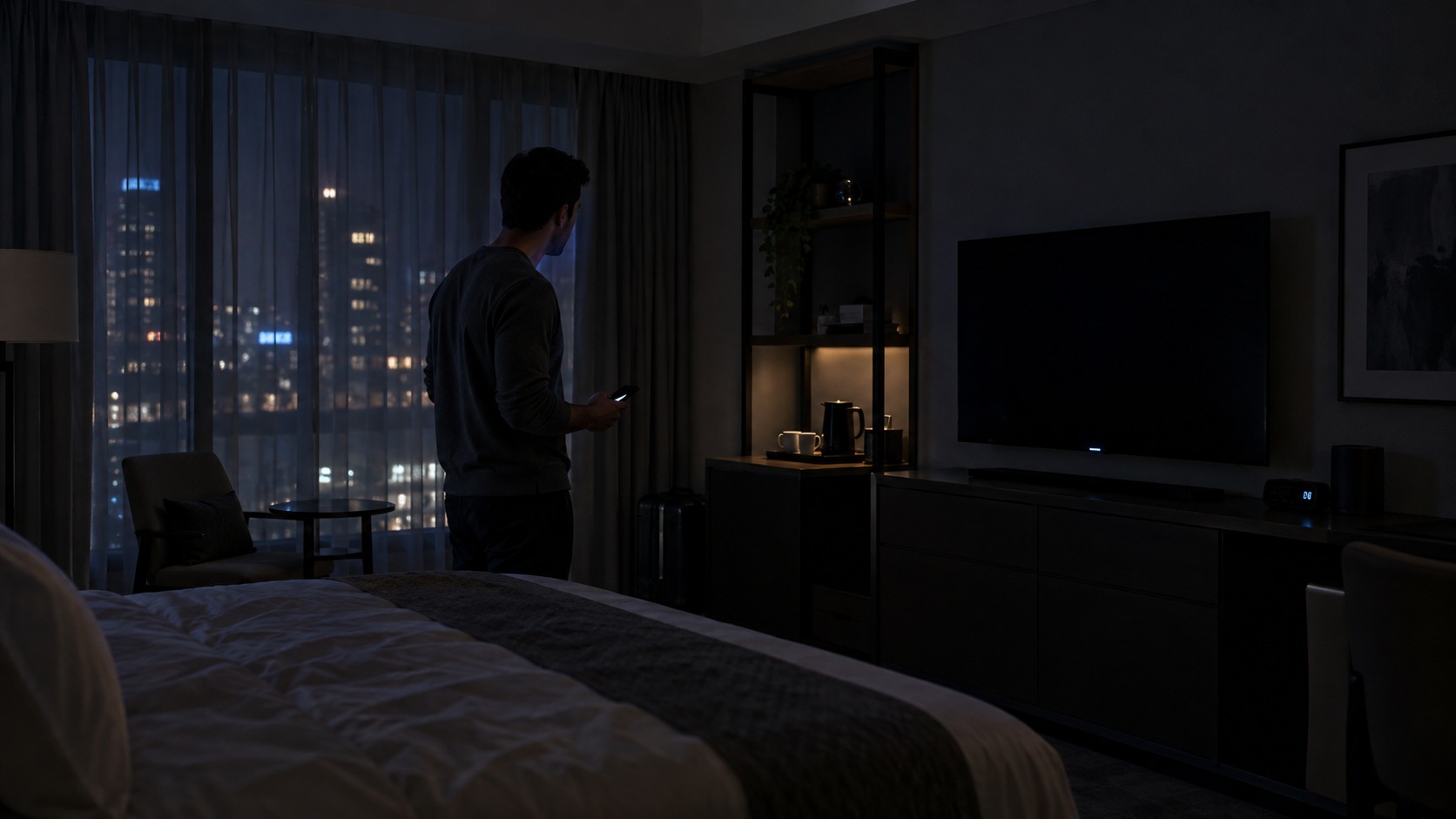 Traveler observing ordinary standby lights around a dark hotel room without treating them as proof of a camera.