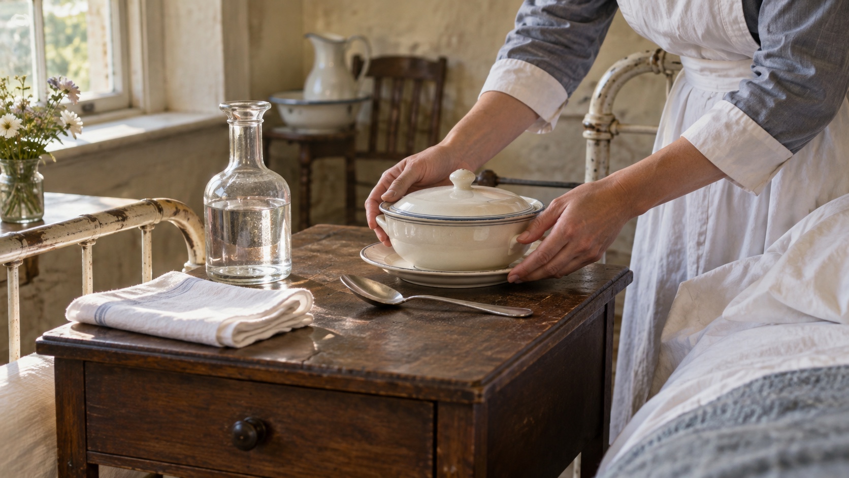Editorial illustration of a simple bedside table with a glass flask, covered broth bowl, spoon, and folded linen.