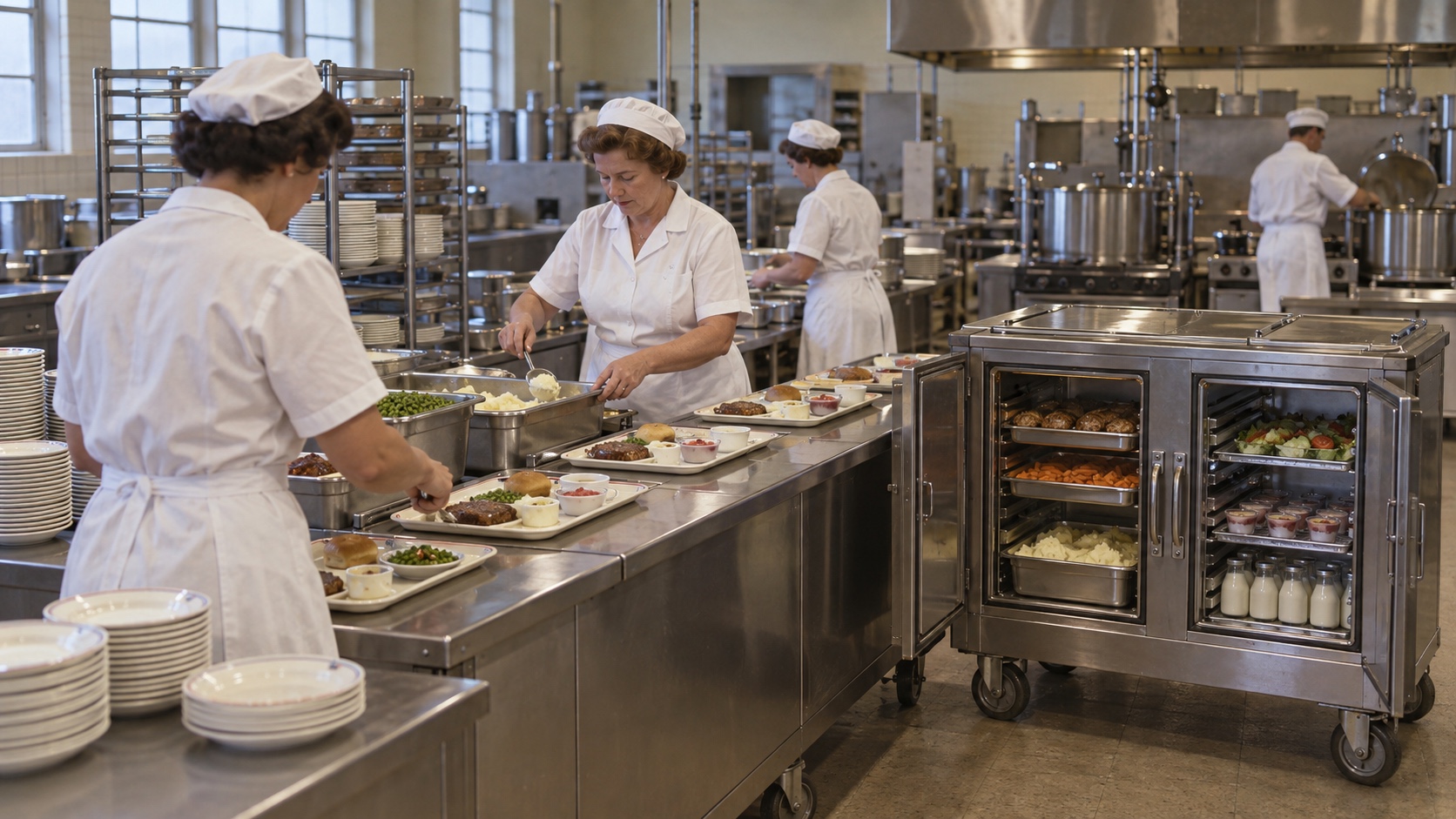 Editorial illustration of a mid-century hospital kitchen assembling individual trays beside a divided hot-and-cold cart.