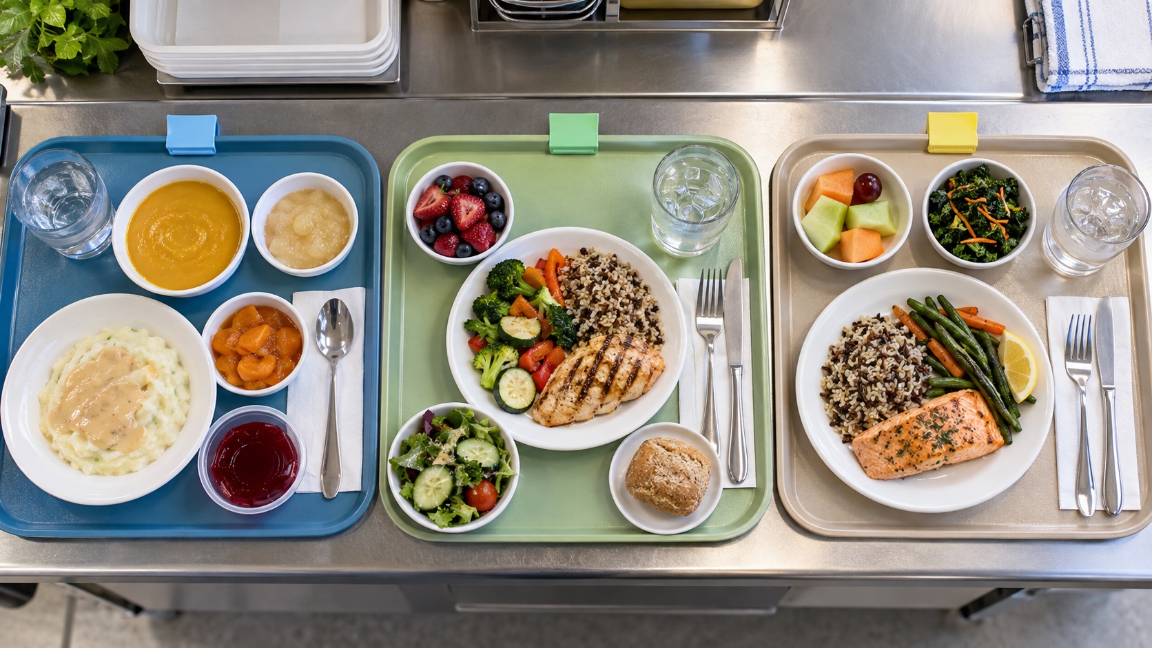 Editorial illustration of distinct balanced hospital meal trays with different textures and blank color-coded verification clips.