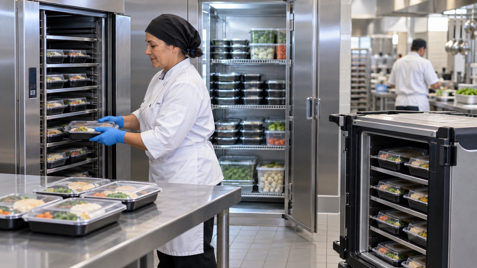 Editorial illustration of covered meal portions moving through a clean cook-chill kitchen toward an insulated delivery cart.