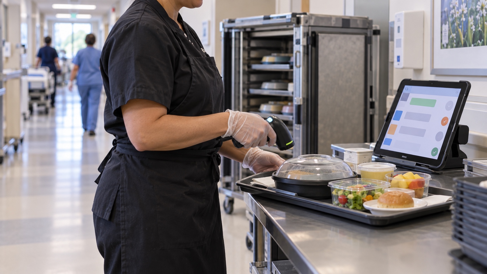 Editorial illustration of a food-service worker scanning a meal tray beside a tablet with a simple unreadable interface.